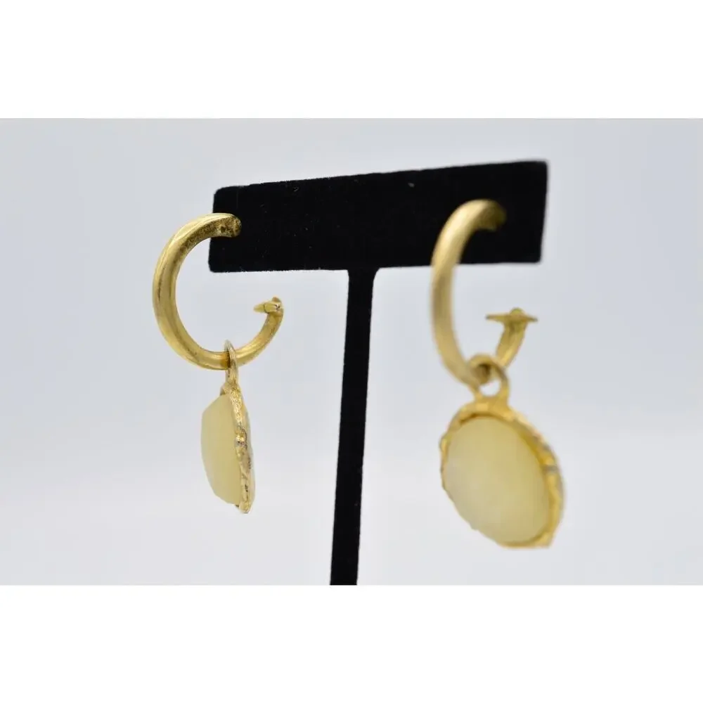 Vintage Cabochon Earrings Brushed Gold Dangle Frosted Milky Bead 1980s BinAA